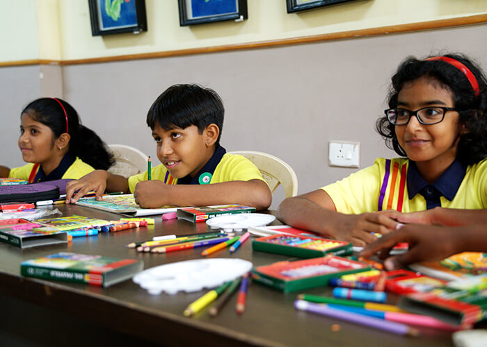 Students engaged in art and craft activities in the Performing & Fine Arts Studio at Galaxy Public School to foster creativity and cognitive skills.